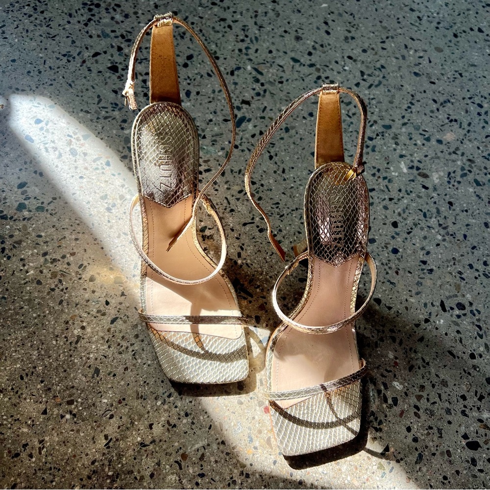 SCHUTZ Gold Strappy Heels - Picture 2 of 9